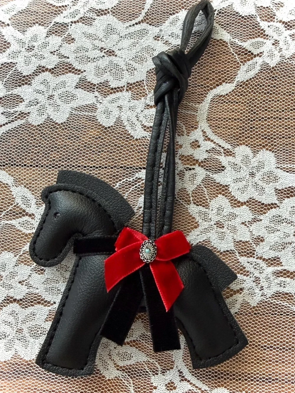 Black Faux Leather Horse Bag Charm with Red Velvet Bow, Western Bead